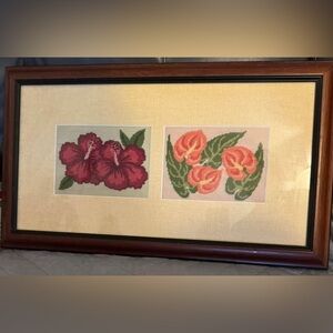 Retro Needlepoint Tapestries Floral Designs Hand Made Flowers framed JoAnn
